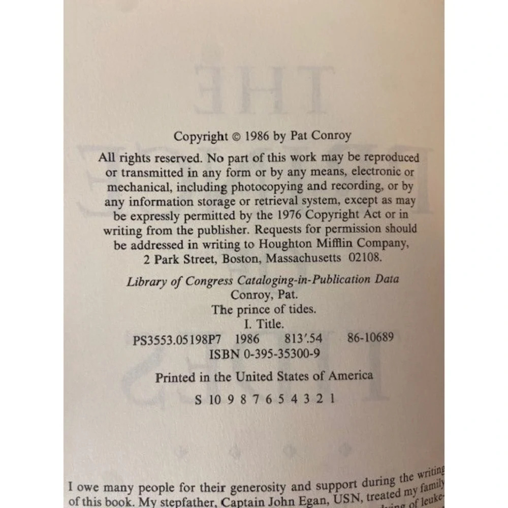 The Prince of Tides Pat Conroy 1st Edition Hardcover 1986 Houghton Mifflin Novel